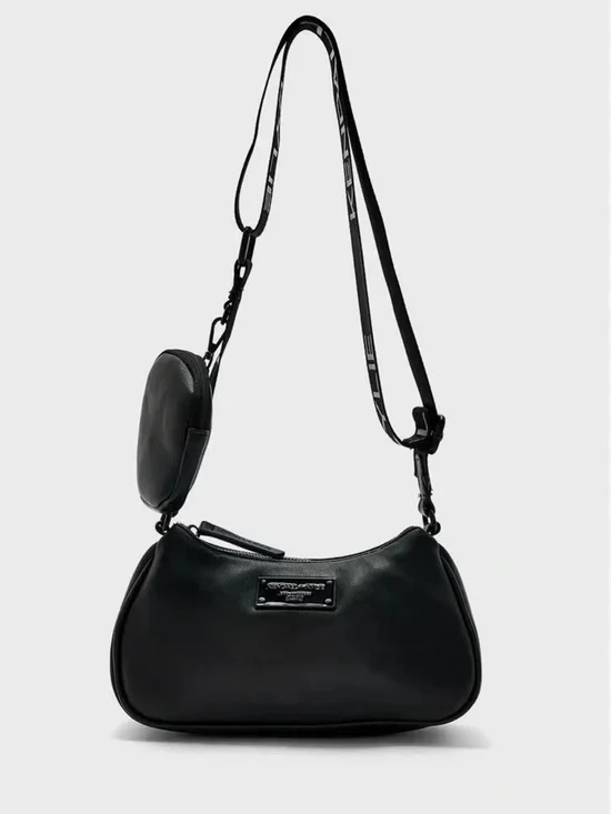 Kendall Kylie black metal accent shoulder bag wide logo strap zip closure - Picture 1 of 4